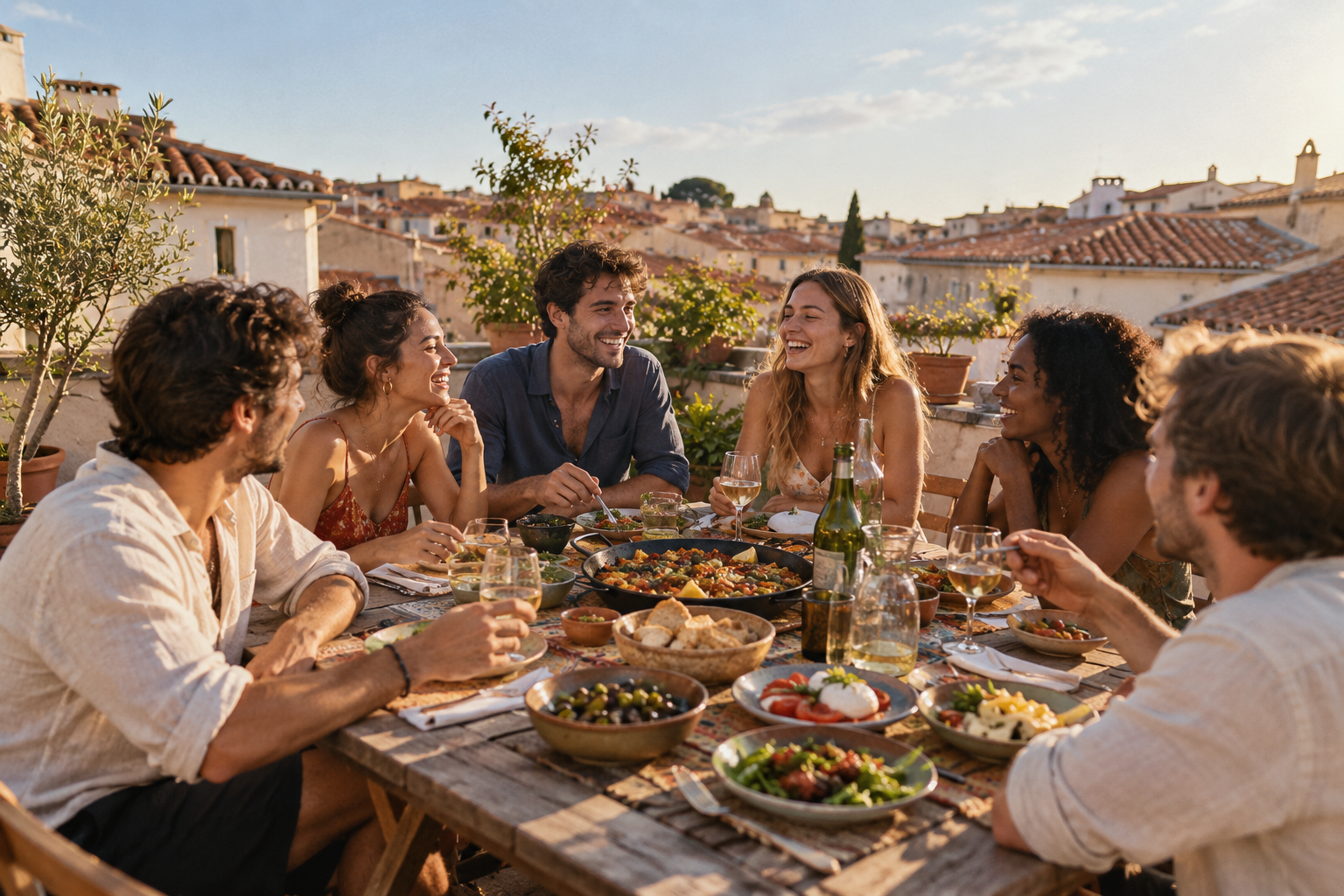 Friends spending a rooftop evening together